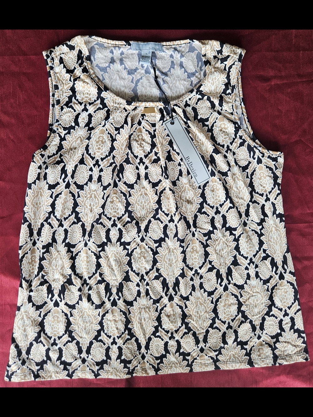 By Design XL Black Floral Tank Top Womens Gold Black Stretch Knit Sleeveless NWT